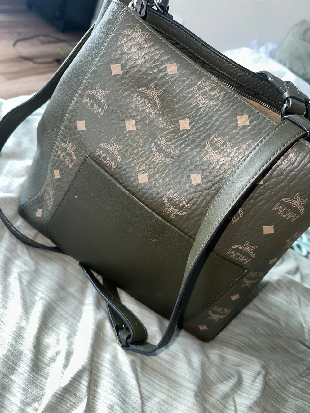 MCM Olive Brown Monogram Canvas Shoulder Bag 100% AUTHENTIC - Picture 9 of 11